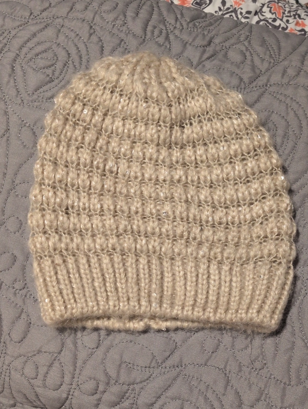Sequin-Accent Knit Beanie - Cream